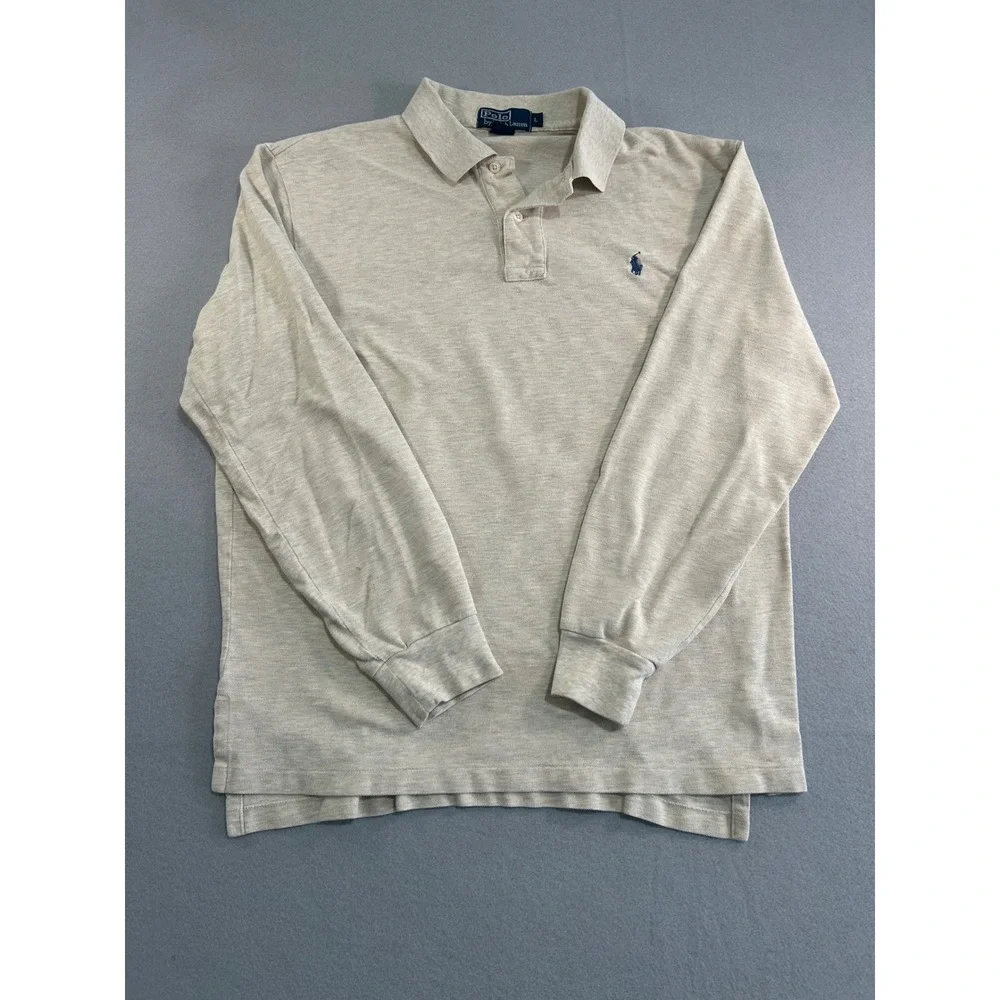 Polo Ralph Lauren Polo Shirt Mens Large Beige Long Sleeve Pique Cotton Pony